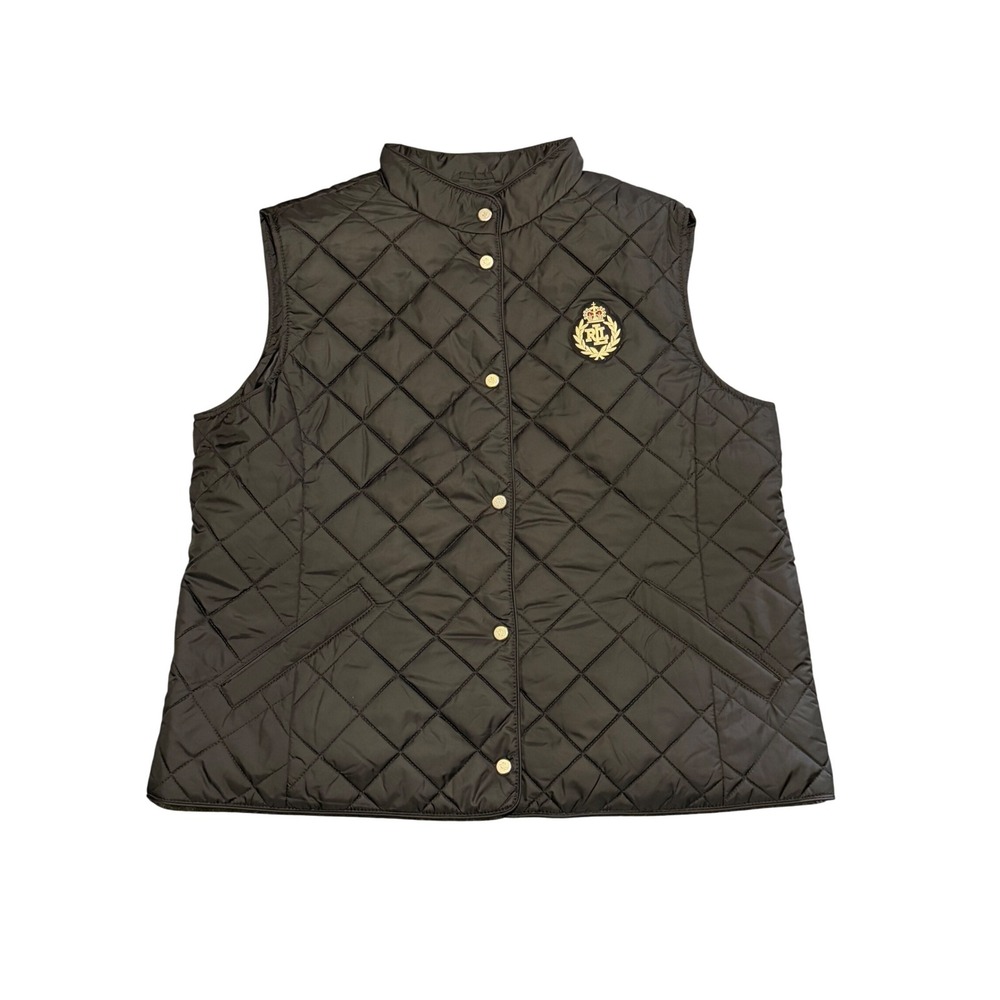 Lauren Ralph Lauren Womens XL Black Quilted Snap Front Vest Crest Logo Mock Neck